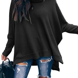 NEW Oversized Batwing Turtleneck Waffle Knit Sweater Large Black